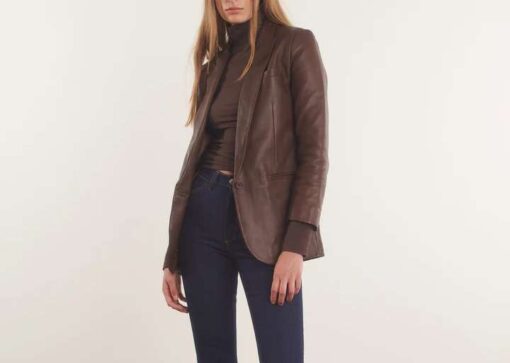 Brown Genuine Leather Blazer Coat Women - Image 2