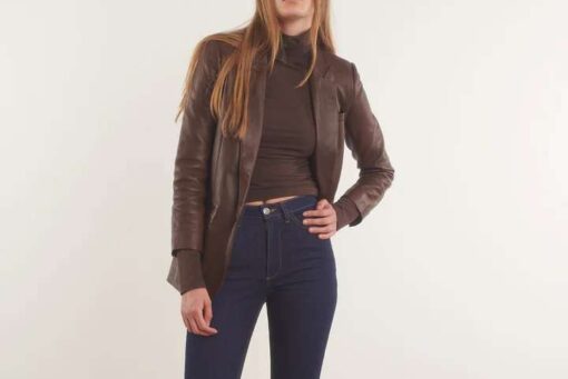 Brown Genuine Leather Blazer Coat Women - Image 3