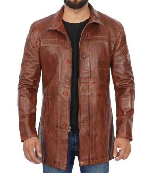 3/4 Length Distressed Mens Brown Leather Car Coat - Image 5