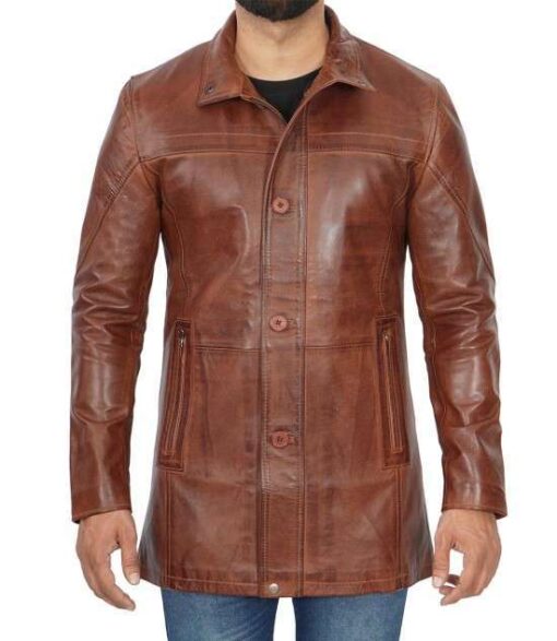 3/4 Length Distressed Mens Brown Leather Car Coat - Image 3