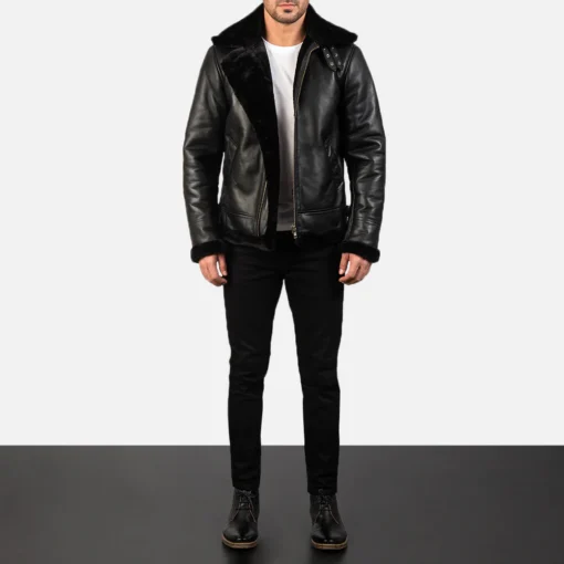 B-3 Bomber Black Shearling Leather Jacket - Image 3