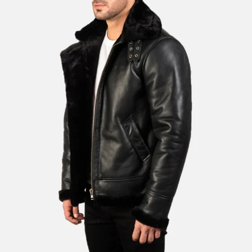 B-3 Bomber Black Shearling Leather Jacket - Image 4