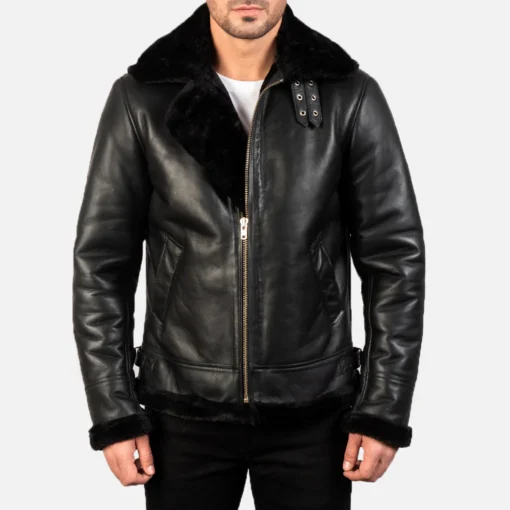 B-3 Bomber Black Shearling Leather Jacket - Image 2