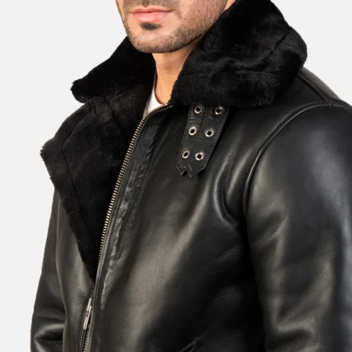 B-3 Bomber Black Shearling Leather Jacket - Image 5