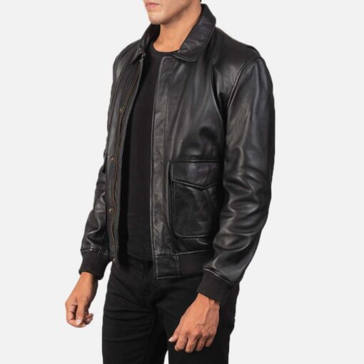 Men's Black A2 Leather Bomber Jacket - Image 4