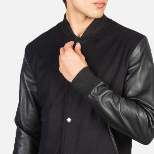 Men's Black Varsity Jacket Leather Sleeves - Image 3