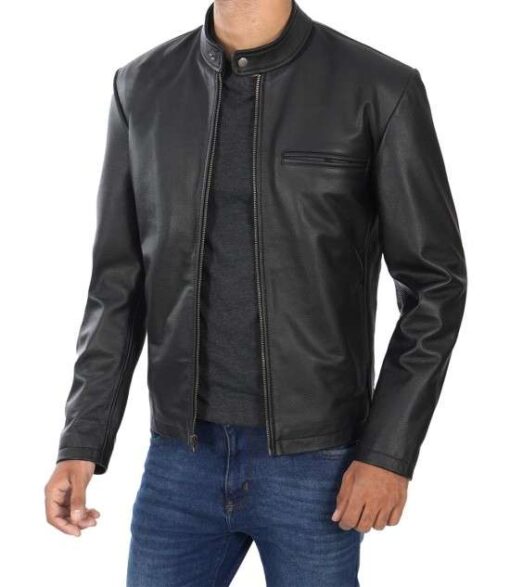 Men's Black Leather Cafe Racer Jacket - Image 2