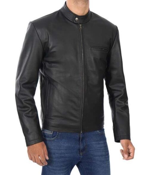 Men's Black Leather Cafe Racer Jacket - Image 3