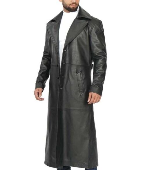 Men's Classic Black Leather Duster Coat - Image 3