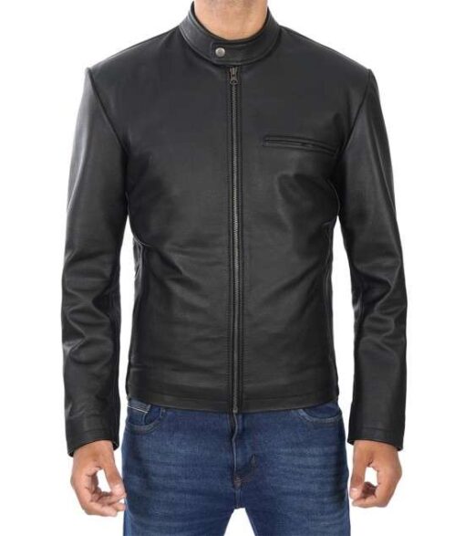 Men's Black Leather Cafe Racer Jacket - Image 6