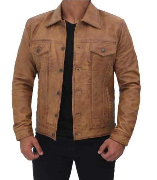 Men's Camel Brown Leather Trucker Jacket - Image 5