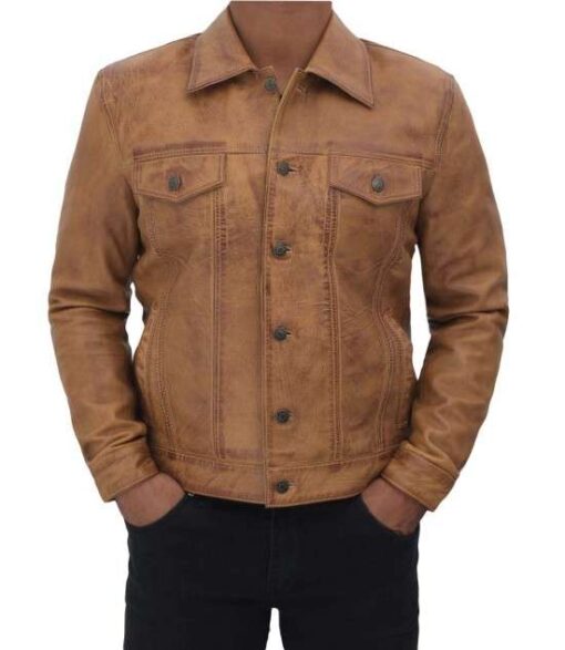 Men's Camel Brown Leather Trucker Jacket - Image 4