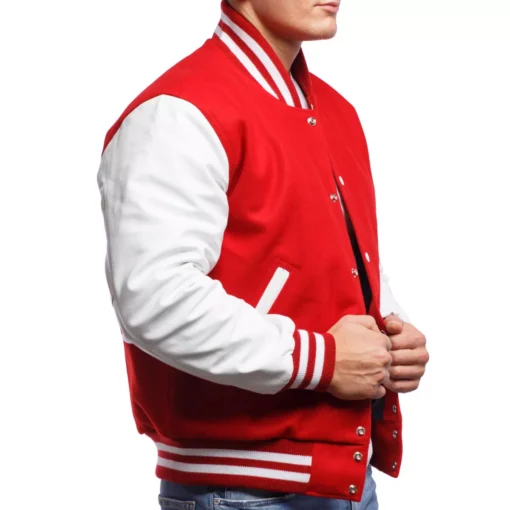 Men's Letterman Varsity Bomber Jacket with Striped Rib & Genuine Leather Sleeves - Red - Image 7