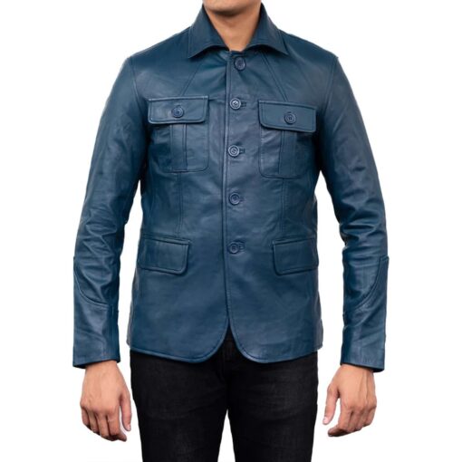 Men's Blue Leather Sports Coat 4 Pocket Leather Blazer Jacket - Image 4