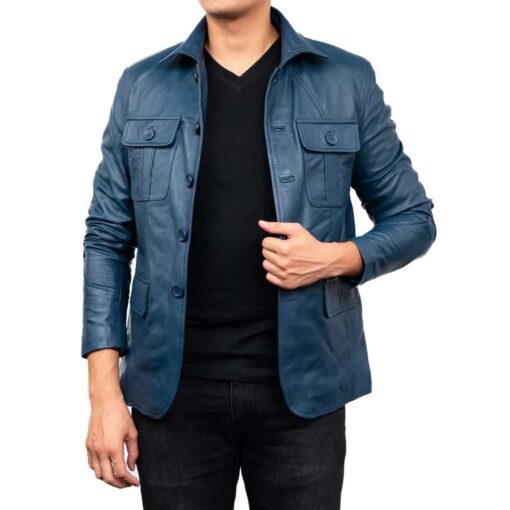 Men's Blue Leather Sports Coat 4 Pocket Leather Blazer Jacket - Image 2