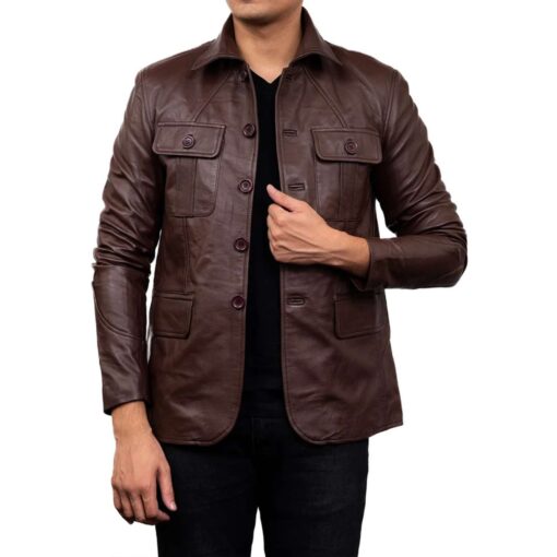 Men's Brown Leather Sports Coat 4 Pocket - Image 4