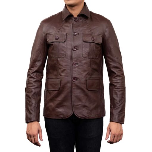 Men's Brown Leather Sports Coat 4 Pocket - Image 2