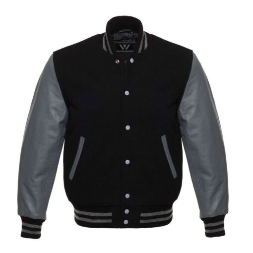 Men's Letterman Varsity Bomber Jacket with Striped Rib & Genuine Leather Sleeves - Black/Gray - Image 3