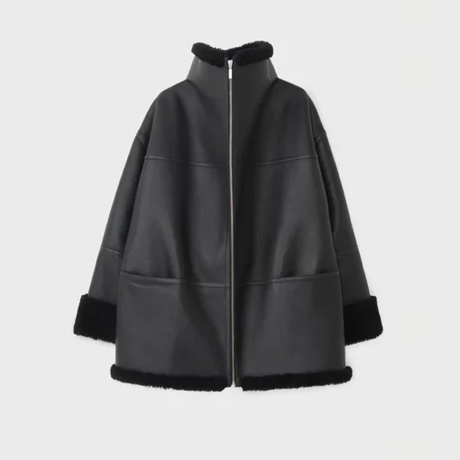 Black Oversized Shearling Leather Jacket Womens - Image 2