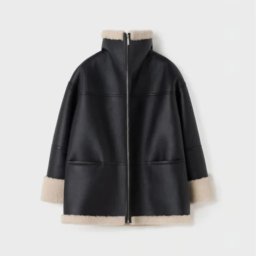 Women Oversized Black Leather Shearling Jacket - Image 2