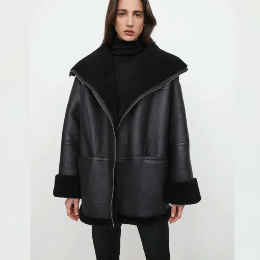 Black Oversized Shearling Leather Jacket Womens - Image 4