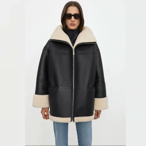 Women Oversized Black Leather Shearling Jacket - Image 3