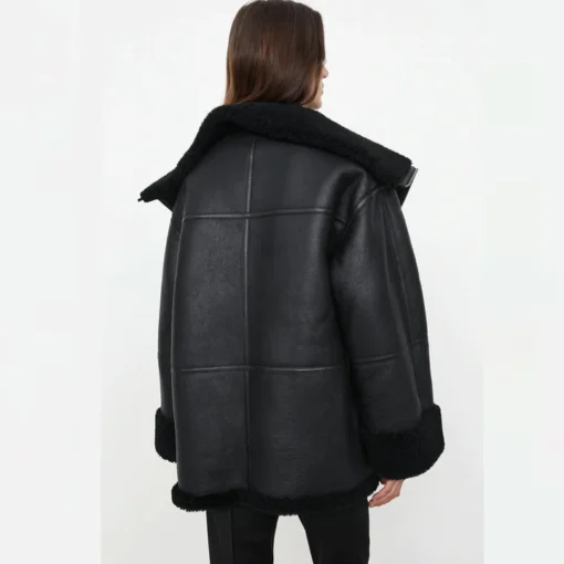 Black Oversized Shearling Leather Jacket Womens - Image 3