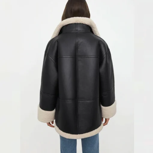 Women Oversized Black Leather Shearling Jacket - Image 4