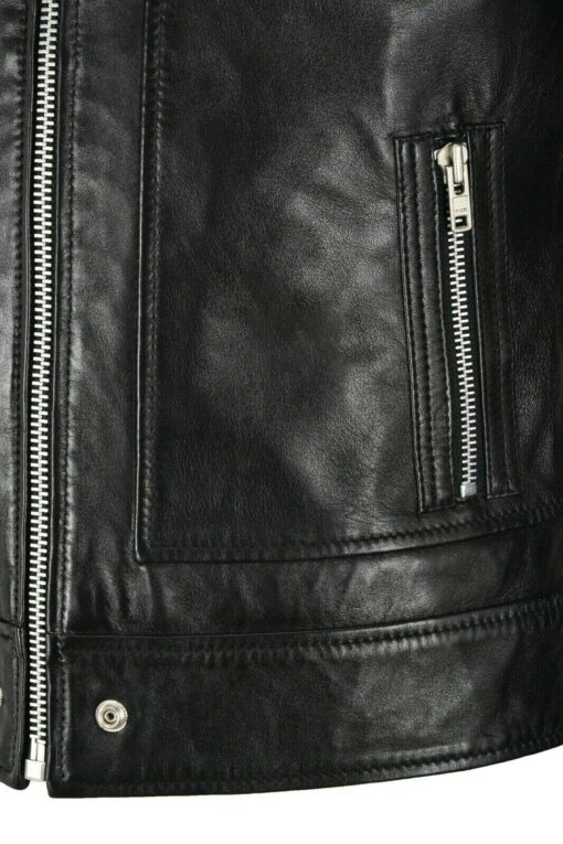 Men's Black Bomber Style Leather Trucker Jacket - Image 6