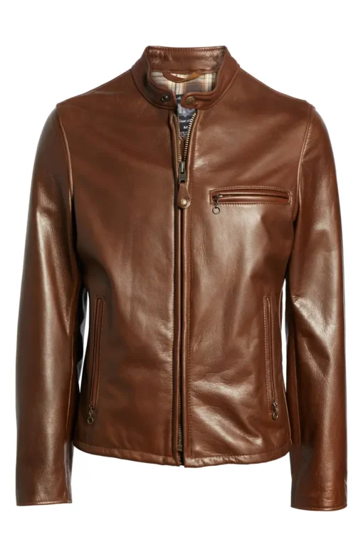 Café Racer Oil Tanned Brown Cowhide Leather Moto Jacket - Image 2