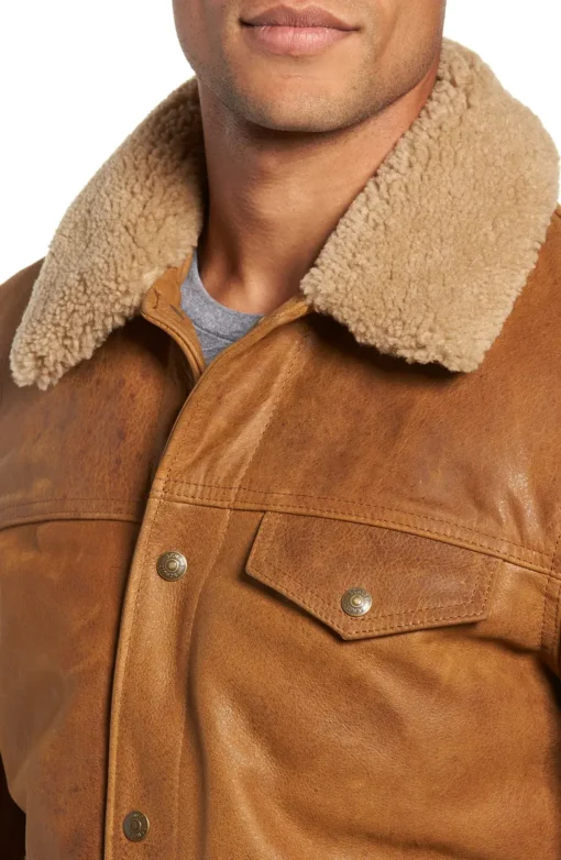 Buffalo Leather Trucker Jacket w/ Sherpa Lined Collar - Image 3