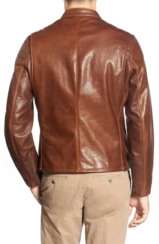 Café Racer Oil Tanned Brown Cowhide Leather Moto Jacket - Image 4