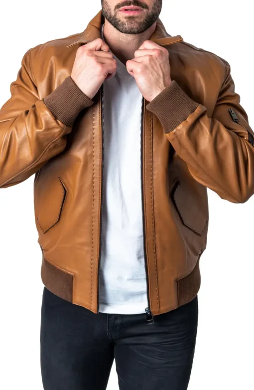 Brown Lambskin Leather Bomber Jacket - Image 6