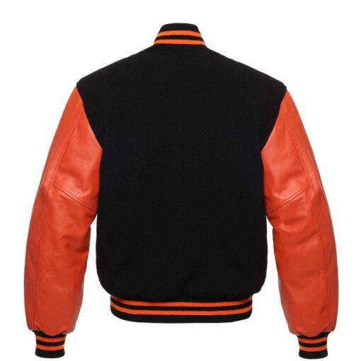 Men's Letterman Varsity Bomber Jacket with Striped Rib & Genuine Leather Sleeves - Orange - Image 3