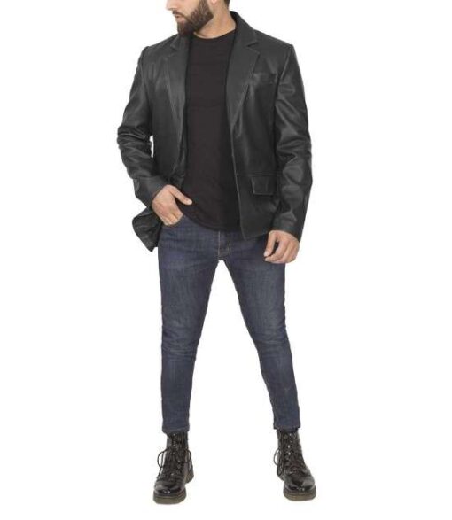 Men's Classic Genuine Black Leather Blazer Jacket - Image 3