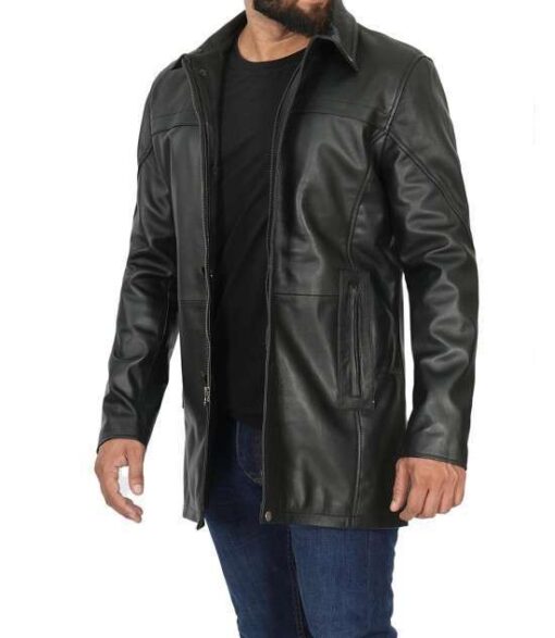 Black Lambskin Mens Leather Car Coat - Image 2