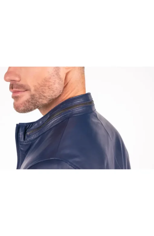 Blue Lambskin Leather Moto Jacket - Image 3