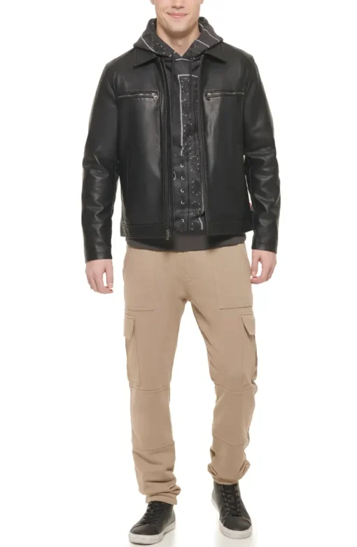 Men's Biker Style Black Leather Zip-Up Jacket - Image 4