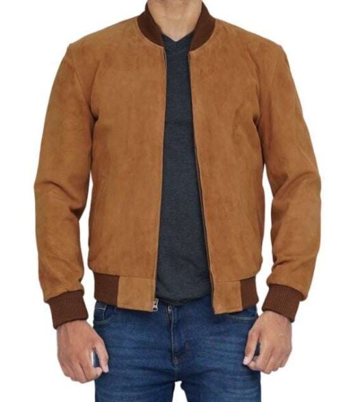 Men's Leather Brown Suede Bomber Jacket - Image 2