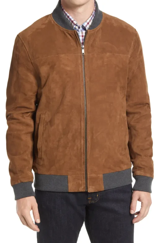 Men's Brown Suede Leather Bomber Jacket - Image 4