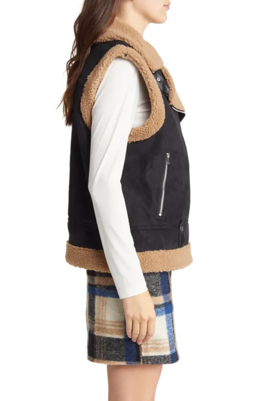 Women's Brown Aviator Sherpa Leather Vest - Image 4