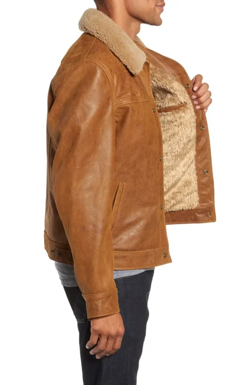 Buffalo Leather Trucker Jacket w/ Sherpa Lined Collar - Image 4