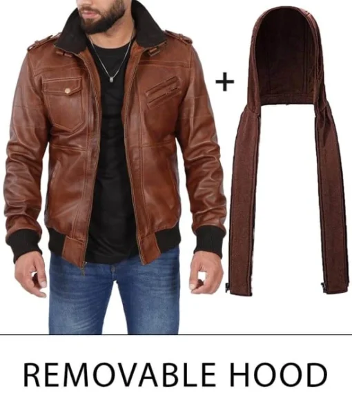 Brown Leather Bomber Jacket for Men with Removable Hood - Image 3