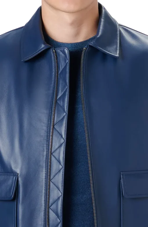 Men's Blue Leather Bomber Jacket - Image 3