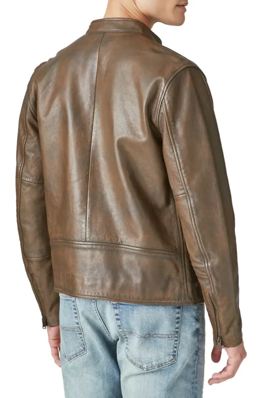 Distressed Leather Brown Biker Jacket - Image 2