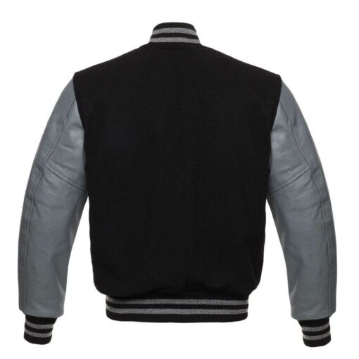 Men's Letterman Varsity Bomber Jacket with Striped Rib & Genuine Leather Sleeves - Black/Gray - Image 4