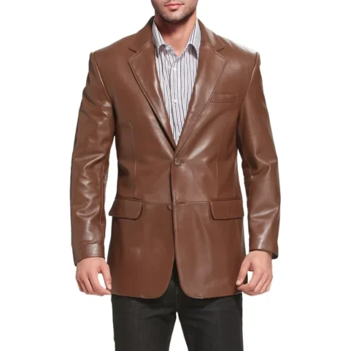 Men's Classic Genuine Brown Leather Blazer Jacket - Image 2