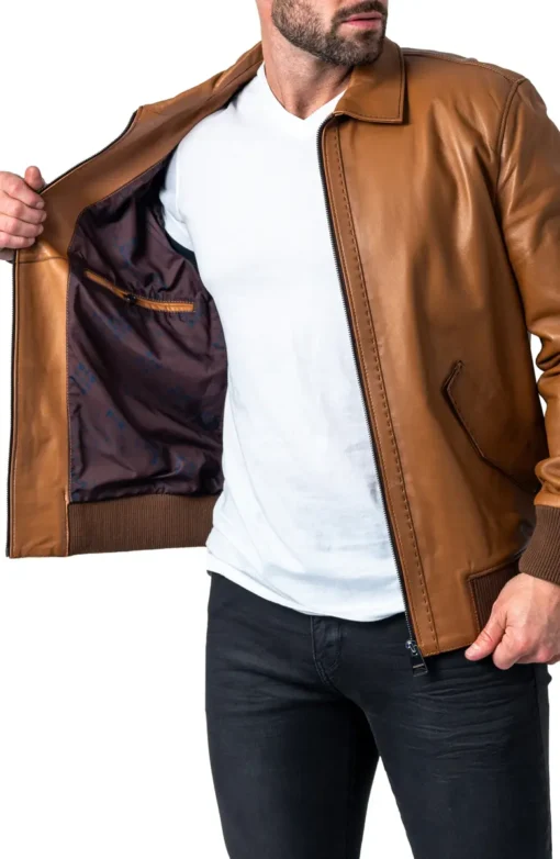 Brown Lambskin Leather Bomber Jacket - Image 4