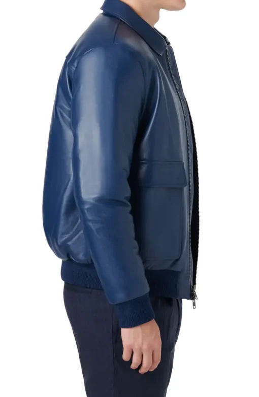 Men's Blue Leather Bomber Jacket - Image 4