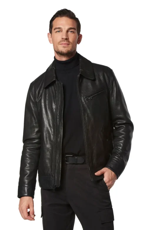 Black Leather Trucker Jacket Men's - Image 2